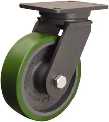 Hamilton - 8" Diam x 2-1/2" Wide x 10-1/2" OAH Top Plate Mount Swivel Caster - Polyurethane Mold onto Cast Iron Center, 2,000 Lb Capacity, Tapered Roller Bearing, 5-1/4 x 7-1/4" Plate - Benchmark Tooling