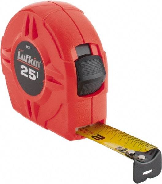 Lufkin - 25' x 1" Yellow Blade Tape Measure - 1/16" Graduation, A5 Graduation Style, High-Visibility Orange Case - Benchmark Tooling