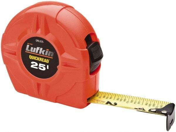 Lufkin - 25' x 1" Yellow Blade Tape Measure - 1/16" Graduation, A3 Graduation Style, High-Visibility Orange Case - Benchmark Tooling