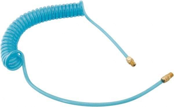 Parker - 3/8" ID, 3/8 Thread, 10' Long, Transparent Blue 95A Shore Durometer Polyurethane Coiled & Self Storing Hose - 140 Max psi, Male Rigid x Male Swivel - Benchmark Tooling