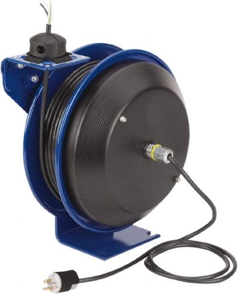 CoxReels - 16 AWG, 75' Cable Length, Cord & Cable Reel with Bare End - 0 Outlets, 13 Amps, 115 Volts, SJO Cable, Blue Reel, Spring Driven Reel - Benchmark Tooling