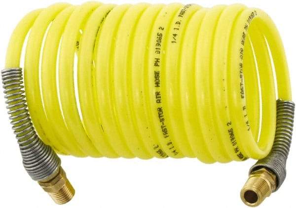 Parker - 3/16" ID, 1/4 Thread, 50' Long, Yellow Nylon Coiled & Self Storing Hose - 225 Max psi, Male Rigid x Male Swivel - Benchmark Tooling