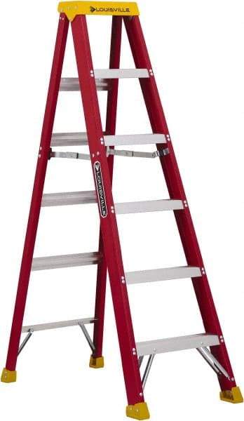 Louisville - 5 Steps, 6' High, Type IA Rating, Fiberglass Step Ladder - 300 Lb Capacity, 21-13/16" Base Width - Benchmark Tooling