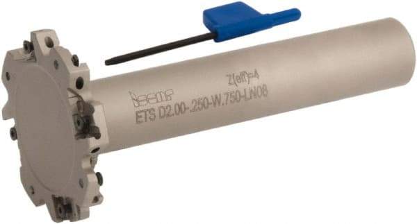 Iscar - Shank Connection, 1/4" Cutting Width, 5/8" Depth of Cut, 2" Cutter Diam, 4 Tooth Indexable Slotting Cutter - 3/4" Shank Diam, ETS-LN08 Toolholder, LNET Insert, Right Hand Cutting Direction - Benchmark Tooling