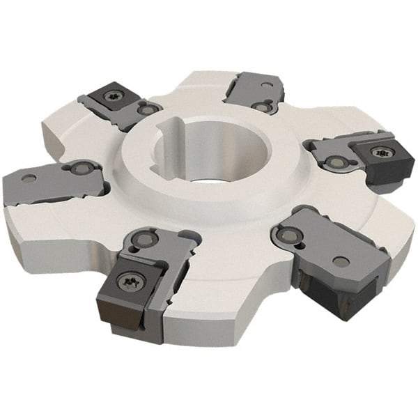 Iscar - Arbor Hole Connection, 0.236" Cutting Width, 25mm Depth of Cut, 100mm Cutter Diam, 27mm Hole Diam, 6 Tooth Indexable Slotting Cutter - SDN Toolholder, LNET Insert, Right Hand Cutting Direction - Benchmark Tooling