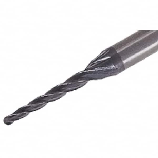 Iscar - 1° Taper Angle per Side, 1.5mm Small End Diam, 16mm LOC, Solid Carbide 4 Flute Tapered Ball End Mill - TiAlN Finish, 50mm OAL, 4mm Shank Diam, Spiral Flute, 25° Helix - Benchmark Tooling