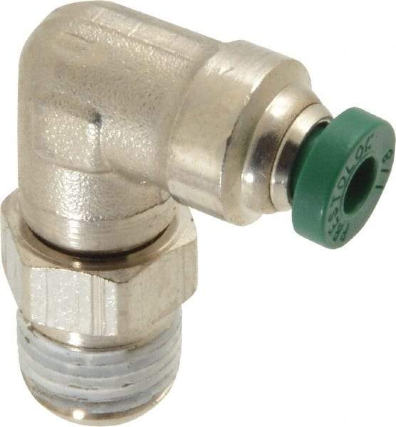 Parker - 1/8" Outside Diam, 1/8 NPTF, Nickel Plated Brass Push-to-Connect Tube Male Swivel Elbow - 300 Max psi, Tube to Male NPT Connection, Buna-N O-Ring - Benchmark Tooling