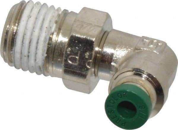 Parker - 1/8" Outside Diam, 1/4 NPTF, Nickel Plated Brass Push-to-Connect Tube Male Swivel Elbow - 300 Max psi, Tube to Male NPT Connection, Buna-N O-Ring - Benchmark Tooling