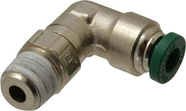 Parker - 3/16" Outside Diam, 1/8 NPTF, Nickel Plated Brass Push-to-Connect Tube Male Swivel Elbow - 300 Max psi, Tube to Male NPT Connection, Buna-N O-Ring - Benchmark Tooling