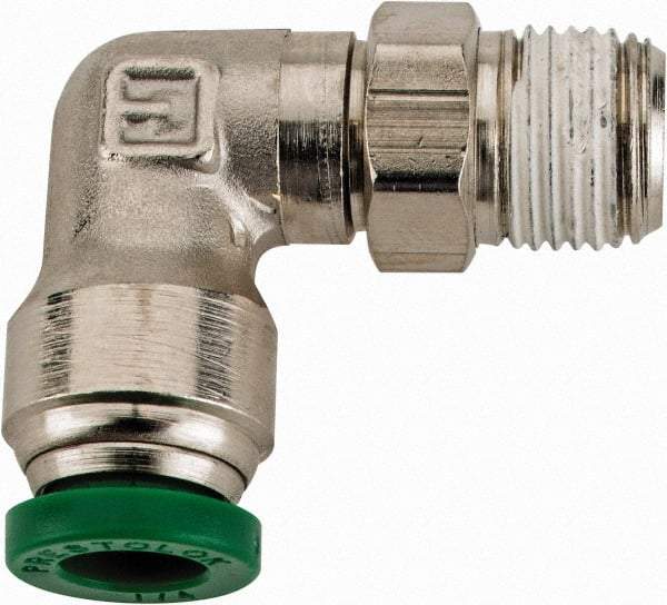 Parker - 1/4" Outside Diam, 1/8 NPTF, Nickel Plated Brass Push-to-Connect Tube Male Swivel Elbow - 300 Max psi, Tube to Male NPT Connection, Buna-N O-Ring - Benchmark Tooling