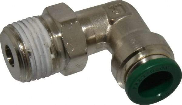 Parker - 3/8" Outside Diam, 3/8 NPTF, Nickel Plated Brass Push-to-Connect Tube Male Swivel Elbow - 300 Max psi, Tube to Male NPT Connection, Buna-N O-Ring - Benchmark Tooling