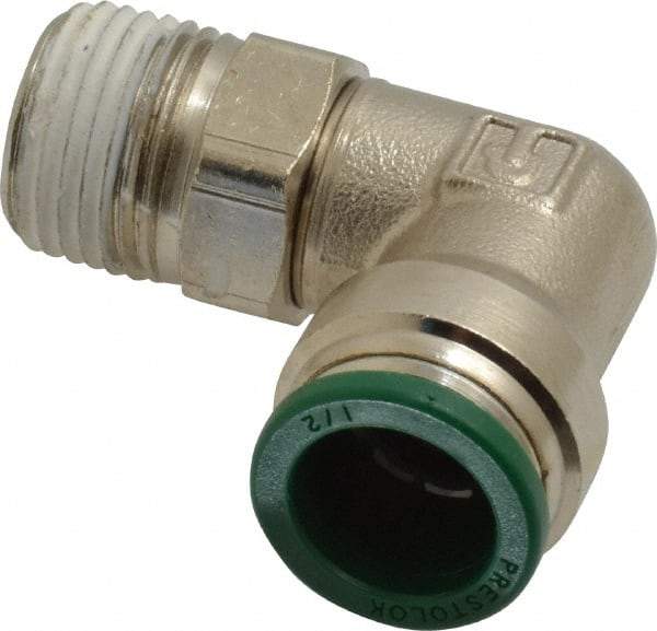 Parker - 1/2" Outside Diam, 3/8 NPTF, Nickel Plated Brass Push-to-Connect Tube Male Swivel Elbow - 300 Max psi, Tube to Male NPT Connection, Buna-N O-Ring - Benchmark Tooling