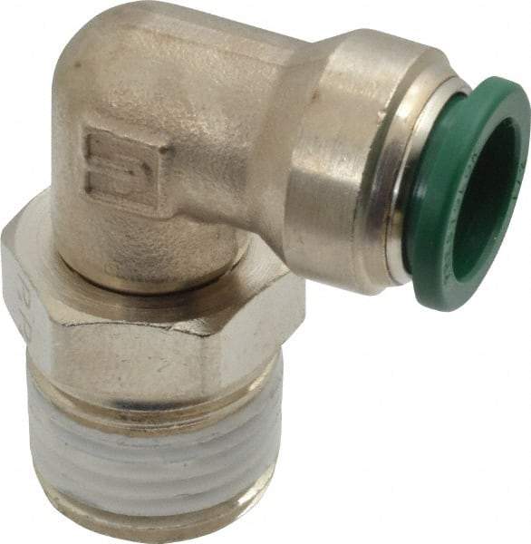 Parker - 1/2" Outside Diam, 1/2 NPTF, Nickel Plated Brass Push-to-Connect Tube Male Swivel Elbow - 300 Max psi, Tube to Male NPT Connection, Buna-N O-Ring - Benchmark Tooling