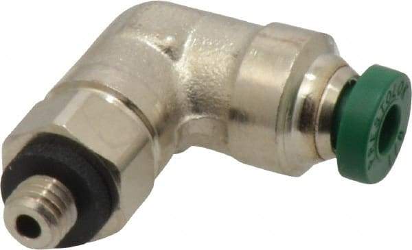 Parker - 1/8" Outside Diam, 10-32 UNF, Nickel Plated Brass Push-to-Connect Tube Male Swivel Elbow - 300 Max psi, Tube to Male UNF Connection, Buna-N O-Ring - Benchmark Tooling