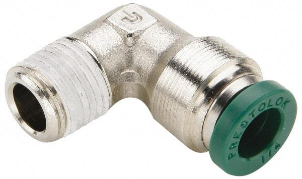 Parker - 5/16" Outside Diam, 1/4 NPTF, Nickel Plated Brass Push-to-Connect Tube Male Elbow - 300 Max psi, Tube to Male NPT Connection, Buna-N O-Ring - Benchmark Tooling