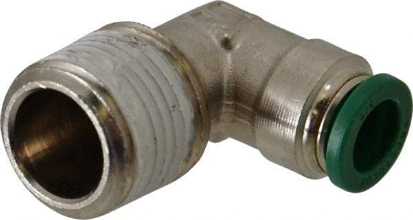 Parker - 3/8" Outside Diam, 1/2 NPTF, Nickel Plated Brass Push-to-Connect Tube Male Elbow - 300 Max psi, Tube to Male NPT Connection, Buna-N O-Ring - Benchmark Tooling