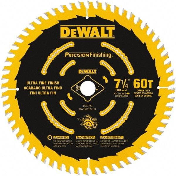 DeWALT - 7-1/4" Diam, 5/8" Arbor Hole Diam, 60 Tooth Wet & Dry Cut Saw Blade - Carbide-Tipped, Diamond Arbor - Benchmark Tooling