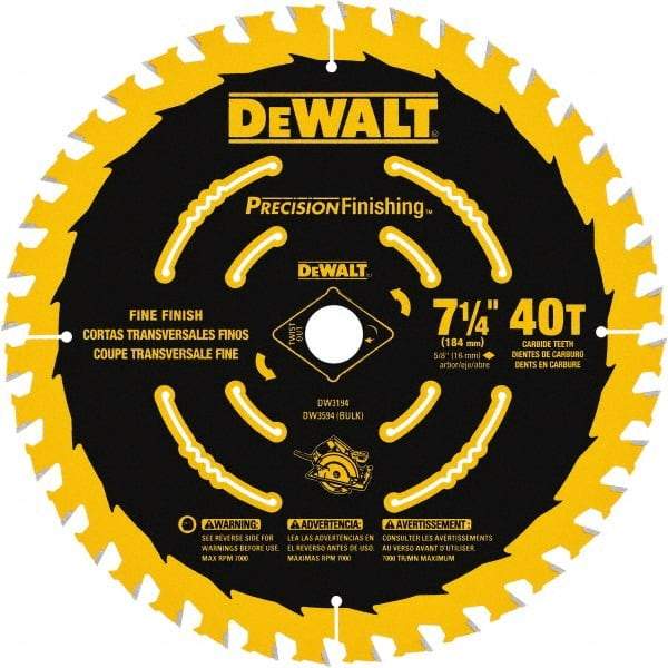 DeWALT - 7-1/4" Diam, 5/8" Arbor Hole Diam, 40 Tooth Wet & Dry Cut Saw Blade - Carbide-Tipped, Diamond Arbor - Benchmark Tooling