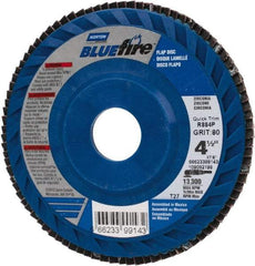 Norton - 80 Grit, 4-1/2" Disc Diam, 7/8" Center Hole, Type 27 Zirconia Alumina Flap Disc - 13,300 Max RPM, Fiberglass Backing, Arbor Attaching System, Coated - Benchmark Tooling