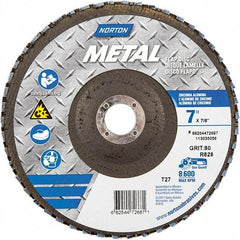 Norton - 80 Grit, 7" Disc Diam, 7/8" Center Hole, Type 27 Zirconia Alumina Flap Disc - 8,600 Max RPM, Fiberglass Backing, Arbor Attaching System, Coated - Benchmark Tooling