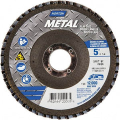Norton - 80 Grit, 5" Disc Diam, 7/8" Center Hole, Type 29 Zirconia Alumina Flap Disc - 12,000 Max RPM, Fiberglass Backing, Arbor Attaching System, Coated - Benchmark Tooling