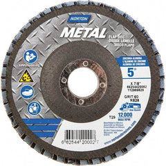 Norton - 60 Grit, 5" Disc Diam, 7/8" Center Hole, Type 29 Zirconia Alumina Flap Disc - 12,000 Max RPM, Fiberglass Backing, Arbor Attaching System, Coated - Benchmark Tooling