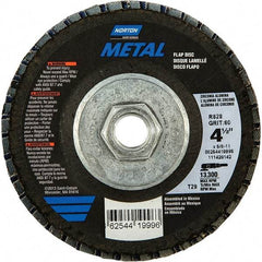 Norton - 80 Grit, 4-1/2" Disc Diam, 5/8-11 Center Hole, Type 29 Zirconia Alumina Flap Disc - 13,300 Max RPM, Fiberglass Backing, Arbor Attaching System, Coated - Benchmark Tooling