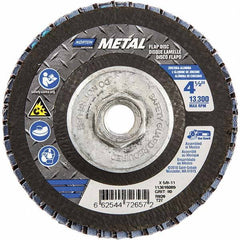 Norton - 80 Grit, 4-1/2" Disc Diam, 5/8-11 Center Hole, Type 27 Zirconia Alumina Flap Disc - 13,300 Max RPM, Fiberglass Backing, Arbor Attaching System, Coated - Benchmark Tooling