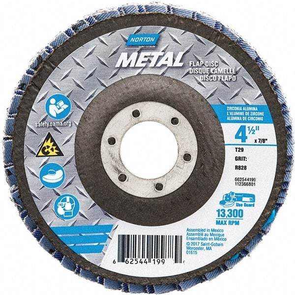 Norton - 80 Grit, 4-1/2" Disc Diam, 7/8" Center Hole, Type 29 Zirconia Alumina Flap Disc - 13,300 Max RPM, Fiberglass Backing, Arbor Attaching System, Coated - Benchmark Tooling