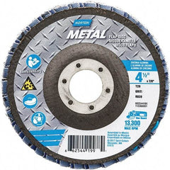 Norton - 80 Grit, 4-1/2" Disc Diam, 7/8" Center Hole, Type 29 Zirconia Alumina Flap Disc - 13,300 Max RPM, Fiberglass Backing, Arbor Attaching System, Coated - Benchmark Tooling