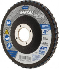 Norton - 80 Grit, 4-1/2" Disc Diam, 7/8" Center Hole, Type 27 Zirconia Alumina Flap Disc - 13,300 Max RPM, Fiberglass Backing, Arbor Attaching System, Coated - Benchmark Tooling