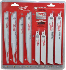 Milwaukee Tool - 32 Piece, 6" to 9" Long x 0.04" to 0.05" Thick, Bi-Metal Reciprocating Saw Blade Set - Straight Profile, 5-8 to 24 Teeth per Inch, Toothed Edge - Benchmark Tooling