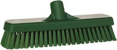 Vikan - 1.7" Bristle Length, Polyester Scrub Brush - 11-1/4" Long x 3" Wide Head, 12" OAL, European Threaded Handle, Green, Polypropylene Block - Benchmark Tooling