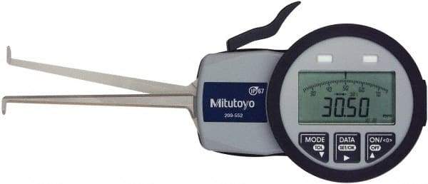 Mitutoyo - 0.0472 Inch Groove Width, 0.2047 Inch Groove Depth, 0.39 to 1.18 Inch, Ball/Ball Inside Electronic Caliper Gage - 0.0005 Inch Resolution, 0.0015 Inch Accuracy, 0.0394 Inch Tip Diameter, 3.3465 Inch Leg Length, Data Output, AA Battery - Benchmark Tooling