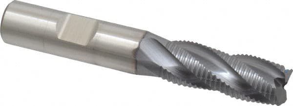 Niagara Cutter - 1/2" Diam, Fine Pitch, 1-1/4" LOC, 4 Flute Cobalt Roughing Square End Mill - TiCN Finish, 3-1/4" OAL, 1/2" Shank Diam, Single End, 30° Helix - Benchmark Tooling