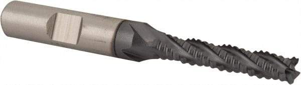 Niagara Cutter - 1/4" Diam, Coarse Pitch, 1-1/4" LOC, 4 Flute Cobalt Roughing Square End Mill - TiCN Finish, 3-1/16" OAL, 3/8" Shank Diam, Single End, Centercutting, 30° Helix - Benchmark Tooling