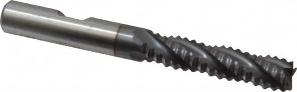 Niagara Cutter - 3/8" Diam, Coarse Pitch, 1-1/2" LOC, 4 Flute Cobalt Roughing Square End Mill - TiCN Finish, 3-1/4" OAL, 3/8" Shank Diam, Single End, Centercutting, 30° Helix - Benchmark Tooling