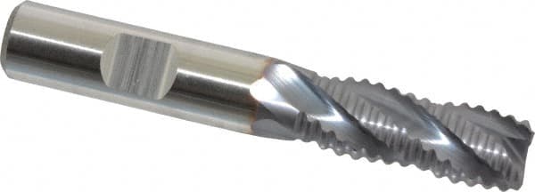 Niagara Cutter - 1/2" Diam, Coarse Pitch, 1-1/4" LOC, 4 Flute Cobalt Roughing Square End Mill - TiCN Finish, 3-1/4" OAL, 1/2" Shank Diam, Single End, Centercutting, 30° Helix - Benchmark Tooling