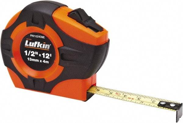 Lufkin - 12' x 1/2" Yellow Blade Tape Measure - 1/16" & 1mm Graduation, A30 Graduation Style, High-Visibility Orange Case - Benchmark Tooling