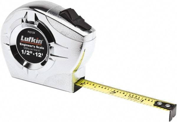 Lufkin - 12' x 1/2" Yellow Blade Tape Measure - 1/10 & 1/50" Graduation, A7 Graduation Style - Benchmark Tooling