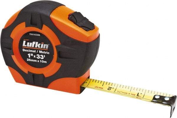 Lufkin - 33' x 1" Yellow Blade Tape Measure - 1/10 & 1/100' Graduation, A29 Graduation Style, High-Visibility Orange Case - Benchmark Tooling