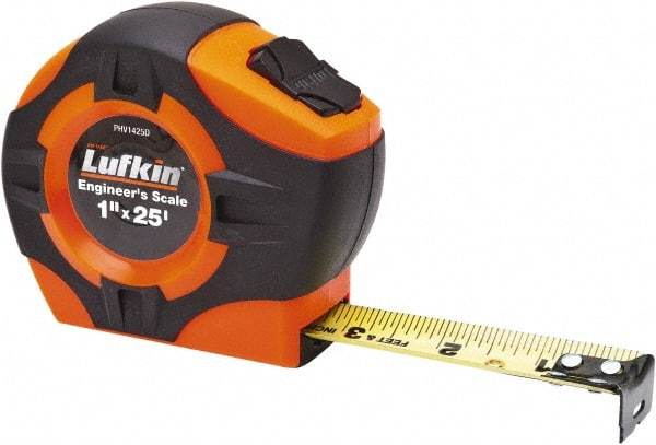 Lufkin - 25' x 1" Yellow Blade Tape Measure - 1/16" & 1/10 & 1/100' Graduation, A4 Graduation Style, High-Visibility Orange Case - Benchmark Tooling