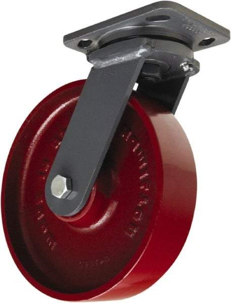 Hamilton - 8" Diam x 2" Wide x 9-1/2" OAH Top Plate Mount Swivel Caster - Cast Iron, 1,500 Lb Capacity, Tapered Roller Bearing, 4 x 5" Plate - Benchmark Tooling