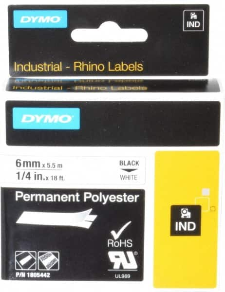 Dymo - 1/4" Wide x 216" Long, White Polyester Label Printer Cartridge - For RHINO 1000, 3000, 4200, 5000, 5200,6000, 6500 - Benchmark Tooling