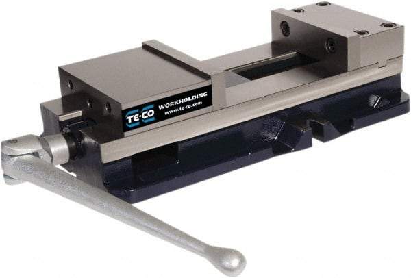 TE-CO - 8" Jaw Width, 11" Jaw Opening Capacity, Horizontal Stationary Machine Vise - Manual Operation, 12,000 Lb Capacity, 1 Station, 24-1/2" Long x 5.51" High x 2-1/4" Deep, 2-1/4" Jaw Height - Benchmark Tooling