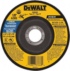 DeWALT - 30 Grit, 4-1/2" Wheel Diam, 1/8" Wheel Thickness, 7/8" Arbor Hole, Type 27 Depressed Center Wheel - Aluminum Oxide, 13,300 Max RPM, Compatible with Angle Grinder - Benchmark Tooling
