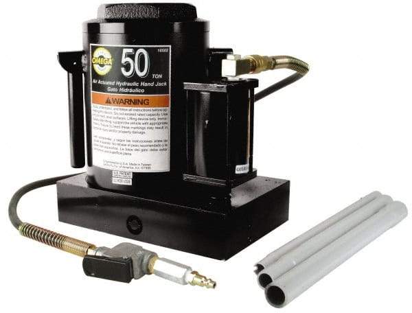 Omega Lift Equipment - 50 Ton Capacity Air-Actuated Bottle Jack - 12" to 19" High, 7" Piston Stroke, 2-1/2" Plunger Diam, 7-3/8" Wide Base - Benchmark Tooling