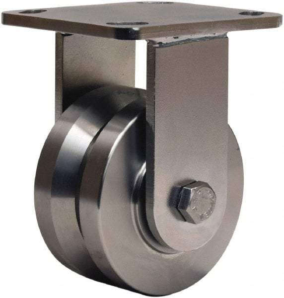 Hamilton - 4" Diam x 2" Wide, Stainless Steel Rigid Caster - 850 Lb Capacity, Top Plate Mount, 4" x 4-1/2" Plate, Delrin Bearing - Benchmark Tooling