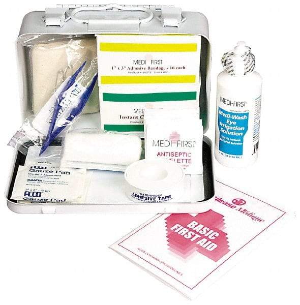 Medique - 52 Piece, 5 Person, Multipurpose/Auto/Travel First Aid Kit - 7-3/4" Wide x 2-3/4" Deep x 4-3/4" High, Metal Case - Benchmark Tooling