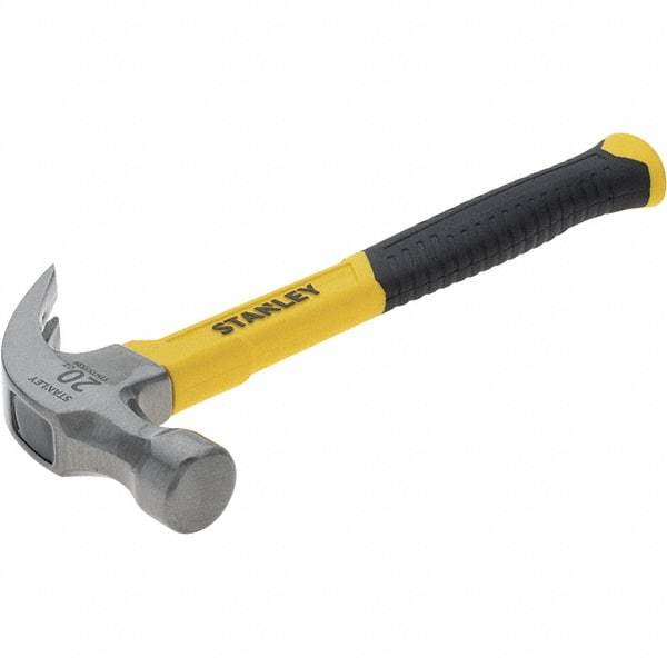 Stanley - 20 oz Head, Straight Rip Claw Hammer - 12.8" OAL, Steel Head, 1.18" Face Diam, Smooth Face, Fiberglass Handle with Grip - Benchmark Tooling